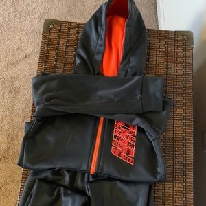 Grey and orange boys nike jogging suit with hood